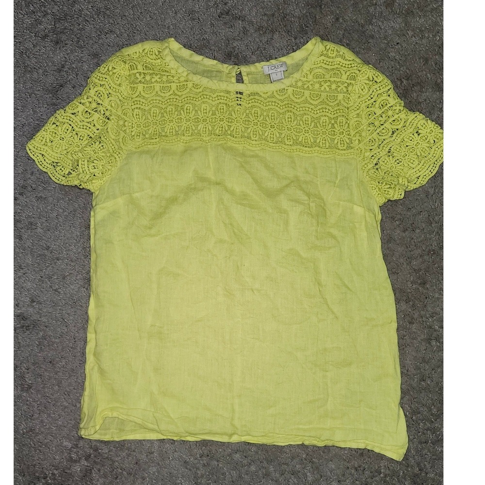 J.Crew Womens Citron Yellow Linen Crochet Lace Yoke Short Sleeve Blouse Size‎ 2